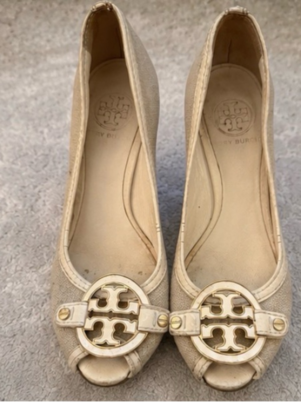 Tory Burch Cream Peep-Toe Logo Flats